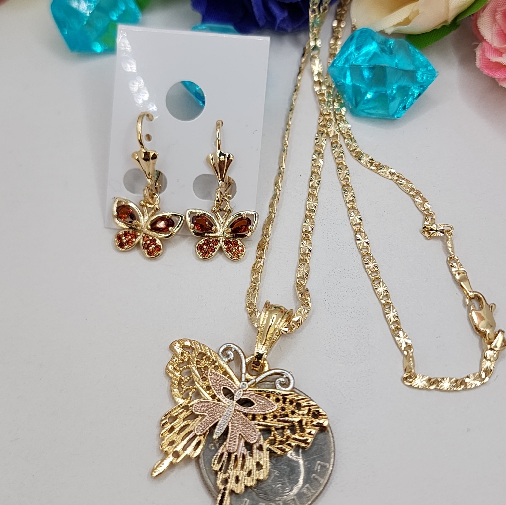 Butterflies Set Gold-Plated Chain With Earrings Red Stones 27$